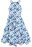 Girls Summer Dress Vestidos para Niñas Kids A-Line Midi Tie Waist Blue Floral Size 7-8 Backless Casual Hawaiian Sundress