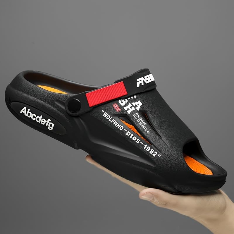 Men's Alphabet Print EVA Slides, Non Slip Quick-Drying Open Toe Slippers for Indoor Walking and Bathroom Shower, Men's Beach Slides2