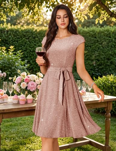 Image of DRESSTELLS Women's Cocktail Dresses, Formal Wedding Guest Modest Church Vintage Tea Party Midi Evening Dress