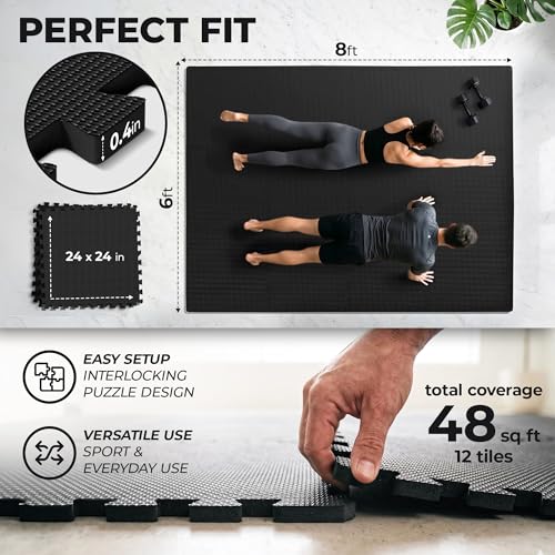 Image of bemaxx Gym Mats Set - 12 pcs EVA Interlocking Foam Floor Tiles (24.4 inchx24.4 inchx0.4 inch) 48 sqft Protective Gym Flooring Sports Home Workout Exercise Mats Puzzle Garage Fitness Play-Room Pool Treadmill Bike