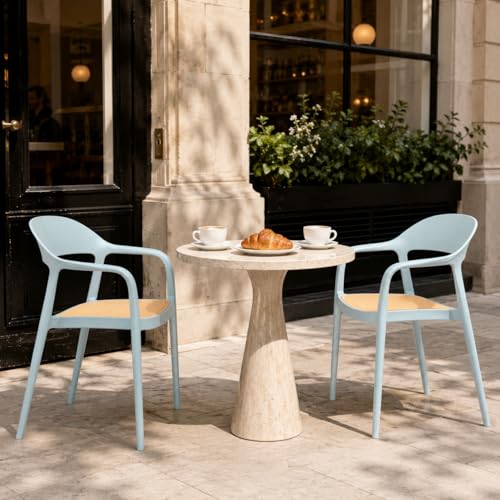 Image of Rattan Style Outdoor Chair | Set of 2 Sky Blue Plastic Arm Chair for Garden, Balcony, Patio & Cafe | Lightweight Weather Resistant Seating | 3 Year Manufacturing Warranty