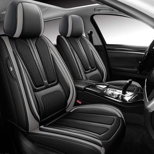 Image of Seat Covers for Front Seat,Nappa Leather Car Seat Covers,Waterproof Universal Fit Car Seat Cushion,2 PCS Automotive Seat Protector for Most Sedans SUV Pick-Up Truck Sedans,Black&Grey