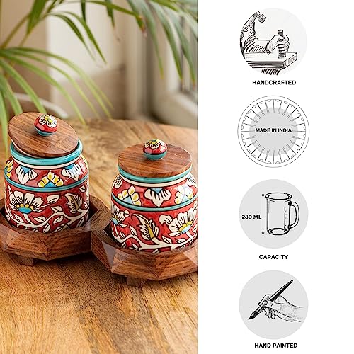 Image of ExclusiveLane 'Mughal Floral' Ceramic Containers with Lid & Tray (Airtight, Set of 2, 440 ML) | Multi Utility Kitchen Container Set Ceramic Jars with Wooden Lid & Container for Kitchen Storage Set