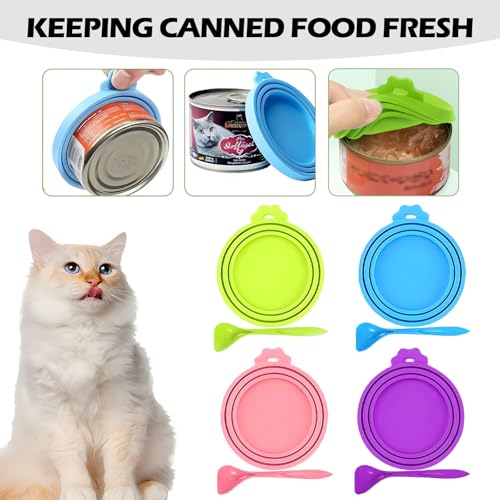kaiyaya 4-Stück Tierfutter-Dosendeckel Katzenfutter,Silikon Deckel für Dosen,Mit Vier Löffeln,Katzenfutter und Hundefutter Tube,Silikon Kann in der Spülmaschine Gewaschen Werden