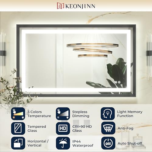 Keonjinn Black Bathroom Mirror with Led Lights 60x80cm, Antifog Vanity Mirror Black Frame Back and Front Lit 3 Colour Dimmable Illuminated Wall Mounted Rectangle Digital Mirrors - Cosy Home Interiors Keonjinn Black Bathroom Mirror with Led Lights 60x80cm, Antifog Vanity Mirror Black Frame Back and Front Lit 3 Colour Dimmable Illuminated Wall Mounted Rectangle Digital Mirrors - Image 2