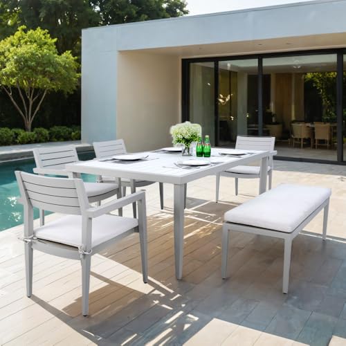 Caviresta 6 Piece Patio Dining Set with 4 Chairs,1 Bench&Cushions,Aluminum Frame,Sunbrella Fabric,Table w/Umbrella Hole
