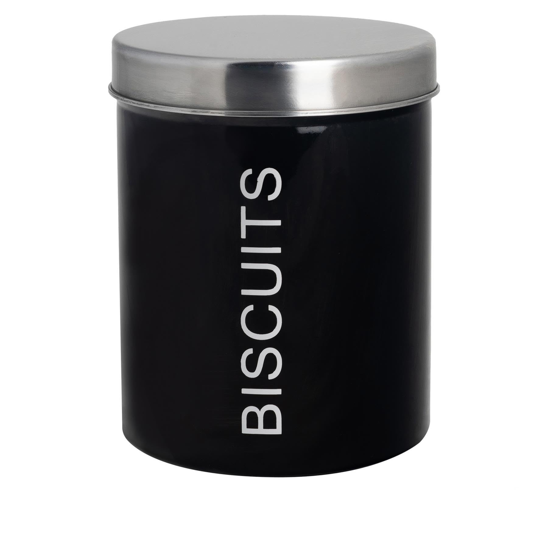 Harbour Housewares Round Metal Biscuit Tin - Black - 14cm - Kitchen Biscuit Barrel Box Storage Canister Cookie Jar Caddy Container with Rubber Airtight Lid