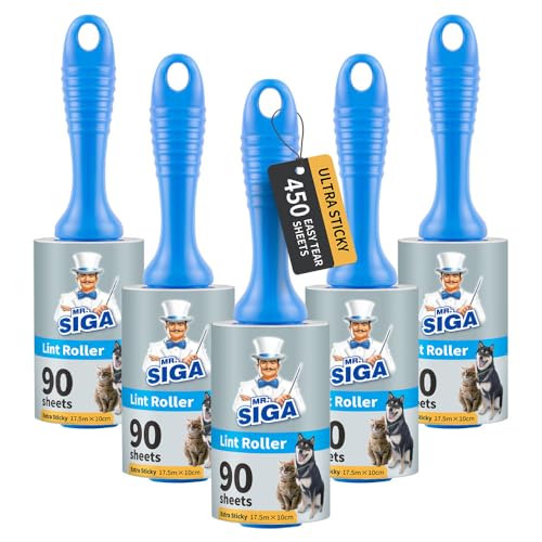 MR.SIGA Rouleau Poils Animaux Extra Collant, Rouleau Adhesif Vêtement, Brosse Adhesive pour Poils Cheveux, 450 Feuilles Faciles à Déchirer, Lot de 5