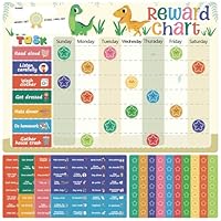 Reusable Magnetic Reward Chart with 128 Magnetic Behavior Stickers and 70 Reusable Star Stickers, Customizable Task Sections, Dry Erase Surface, Ideal for Toddlers and Young Children (Dinosaur)