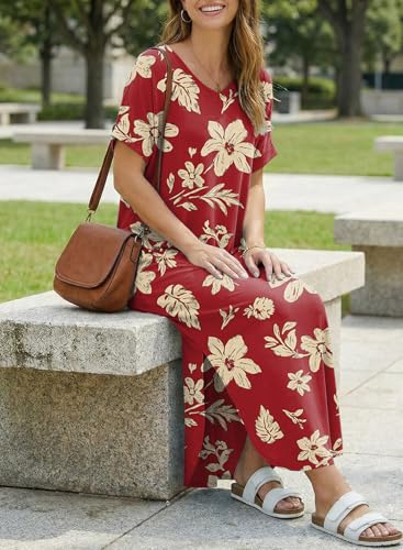 Image of Dokotoo Summer Dresses for Women 2026 Casual Maxi Dress V Neck Cap Sleeve Long Sundress with Pockets Beach Vacation