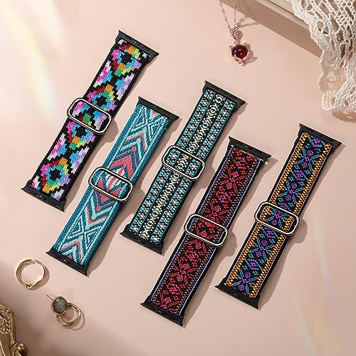 Image of Easuny 5 Pack Stretchy Bands Compatible with Apple Watch 40mm 41mm 42mm 38mm 44mm 45mm 46mm Women, Elastic Fabric Nylon Strap Wristband for iWatch SE 3 2 1 Series 11 10 9 8 7 6 5 4 3 Boho Solo Loop