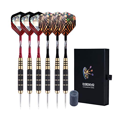 Lvgowyd 6 Pack Steel Tip Darts Set 26 Grams - Professional Metal Darts Tips with Aluminum Shafts Flights + Dart Sharpener + Dart Case (26g+Red+Black)
