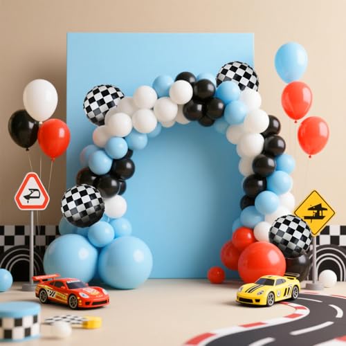 Image of Race Car Balloon Bundle 20 Pcs Checkered Balloons Latex Balloon Blue Red Black Boy One Happy 1st 2nd Vintage Fast One Two Fast Theme Race Car Birthday Party Decor Supplies Kit