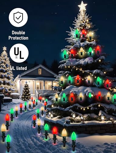 Image of C9 LED Christmas Lights Outdoor 25Ft Outdoor Christmas Decorations String Lights Waterproof with 26 C9 LED Red White and Green Bulbs, Hanging Vintage Christmas Light for Garden Party Pathway Roofline