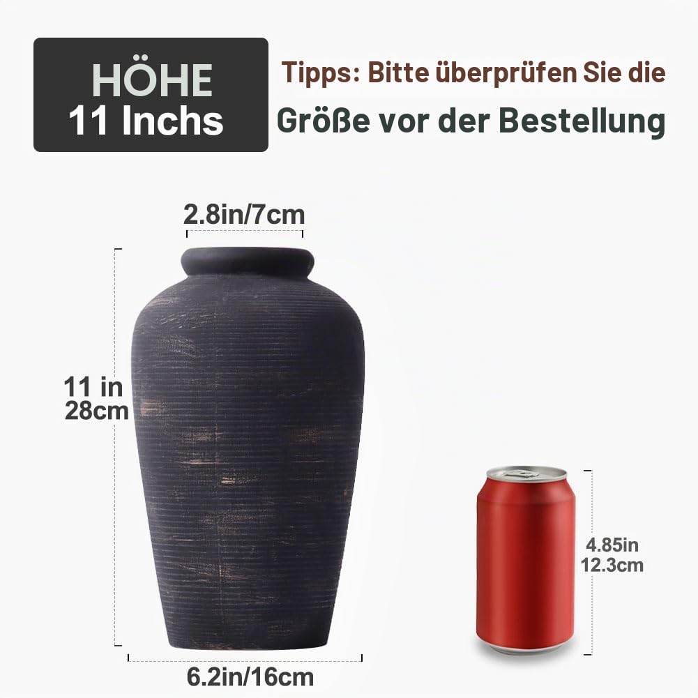 Große schwarze Keramikvase, 27,9 cm hoch, rustikale Bauernhaus-Vase, Vintage, dekorative Terrakotta-Vase für Esstisch, Regal, Schlafzimmer, Wohnzimmer, Küche, Büro, Badezimmer, Kaminsims, Tafelaufsatz