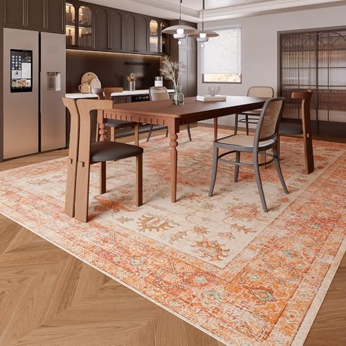 Vintage 8x10 Washable Area Rug, Low-Profile Large Area Rug with Non-Slip Backing & Durable Edge Binding, Pet-Friendly Carpet, Large Rug for Living Room, Bedroom, Dinning Room