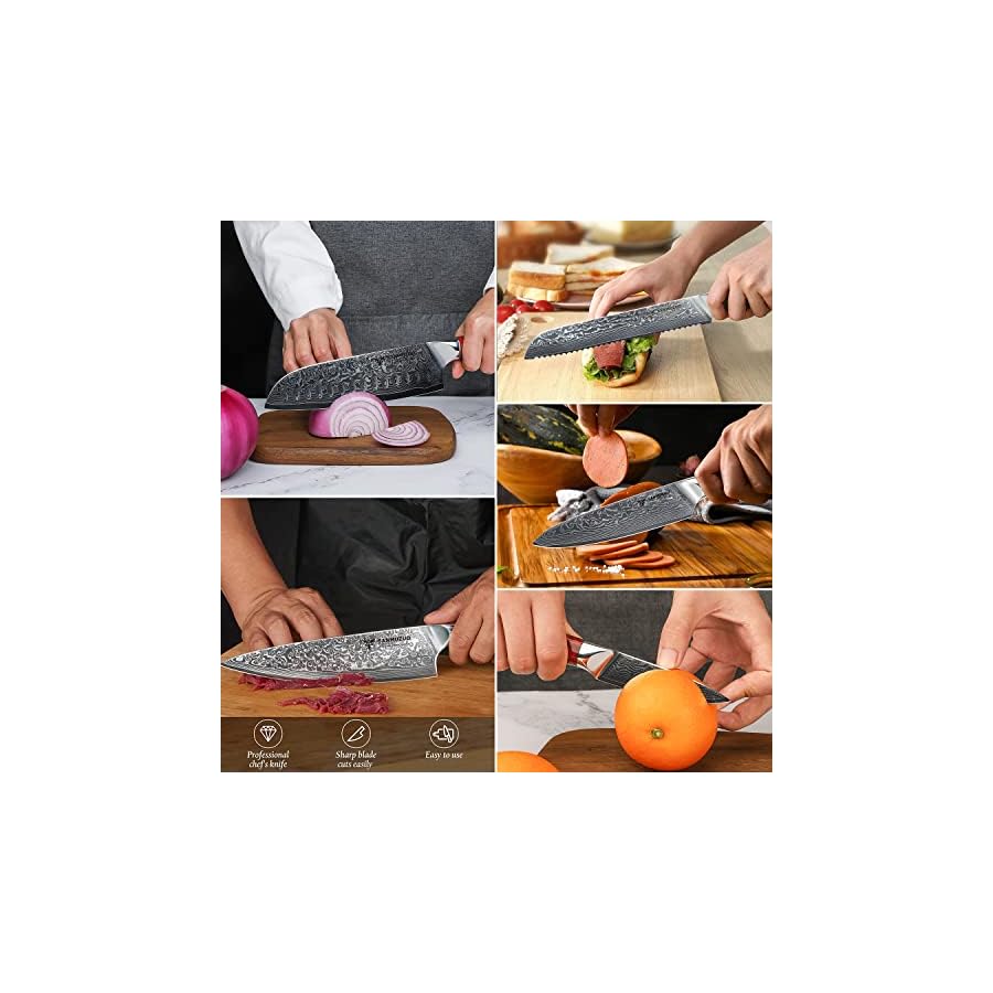 SANMUZUO-Chef-Cooking-Knives-Set-Kitchen-Knife-Set-of-5-Piece-Ultra-Sharp-VG10-Damascus-Steel-Resin-Handle-Xuan-Series-Sunset-Red SANMUZUO Chef Cooking Knives Set- Kitchen Knife Set of 5 Piece - Ultra-Sharp VG10 Damascus Steel & Resin Handle - Xuan Series (Sunset Red)