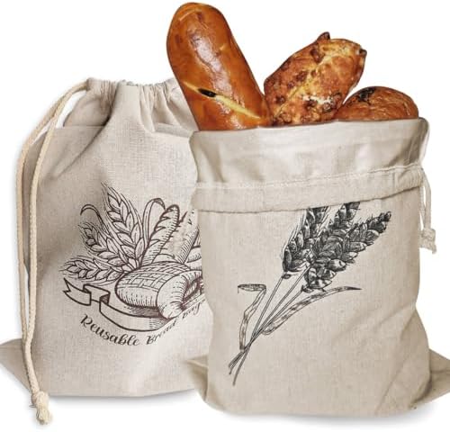 2 Pack of Reusable Bread Bags, Natural Linen Bag for Homemade Bread, Reusable Bags with Liner, Drawstring Linen Bag for Sourdough Storage (15.7" x12")