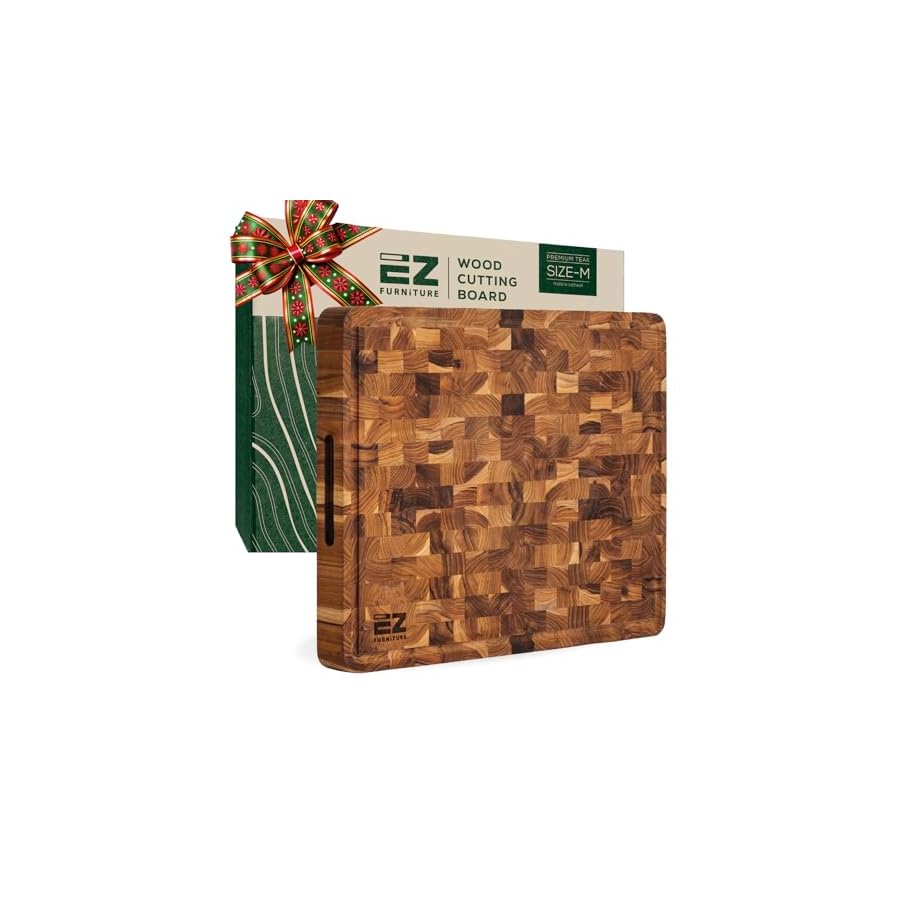17x13-Inch-Teak-Cutting-Board-End-Grain-Cutting-Board-with-Juice-Groove-and-Handles-Wooden-Cutting-Boards-for-Kitchen-Wooden-Chopping-Board-for-Meat-Vegetables-Fruit EZ FURNITURE 17x13 Inch Teak Cutting Board, End Grain Cutting Board with Juice Groove and Handles, Wooden Cutting Boards for Kitchen, Wooden Chopping Board for Meat, Vegetables, Fruit
