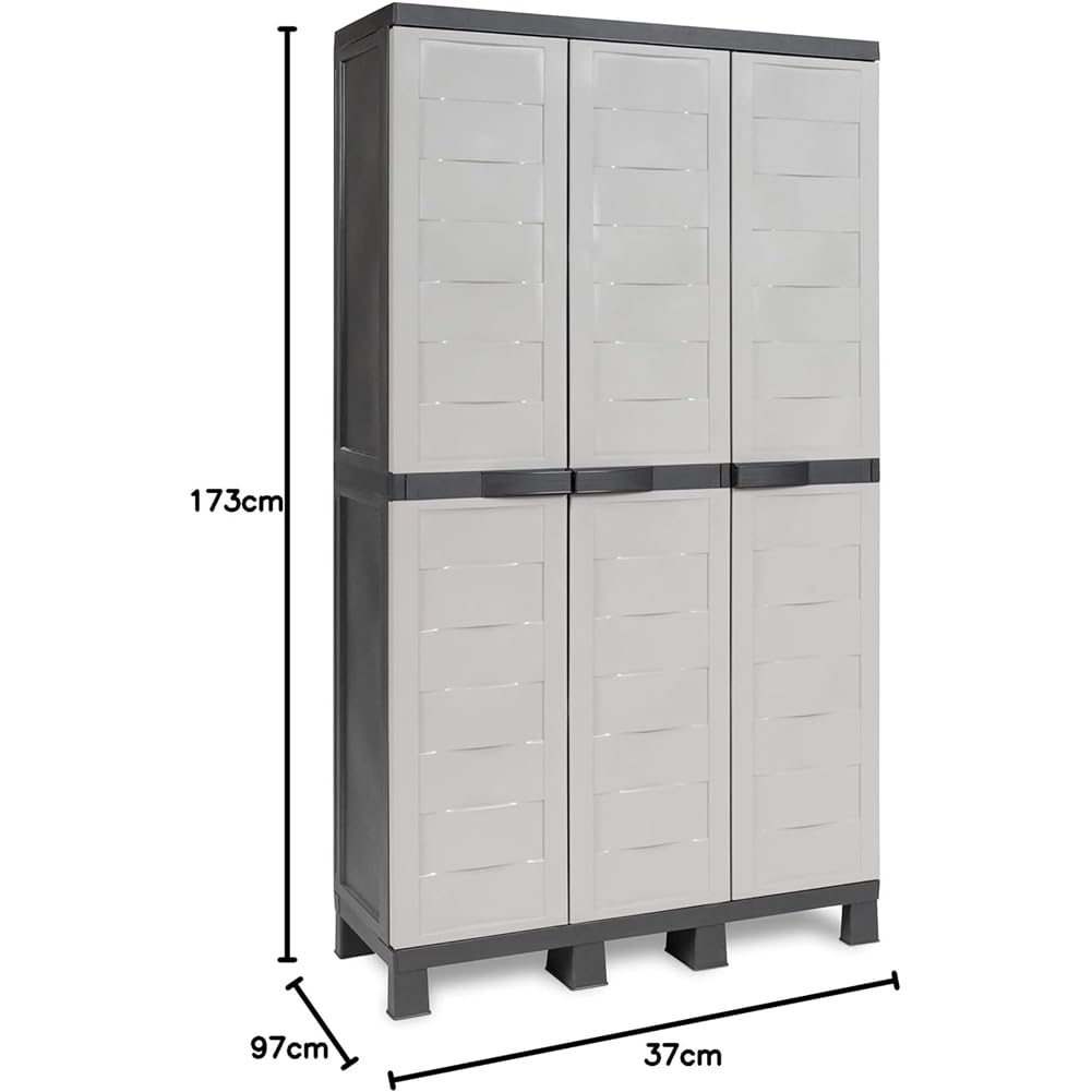 BAKAJI Mobile Armadio in Polipropilene da Esterno ed Interno, Mobiletto Armadietto con Tripla Anta Resistente agli UV e Ripiano regolabile, Ideale Giardino, Balcone, Bagno, Ufficio (3 Ante)
