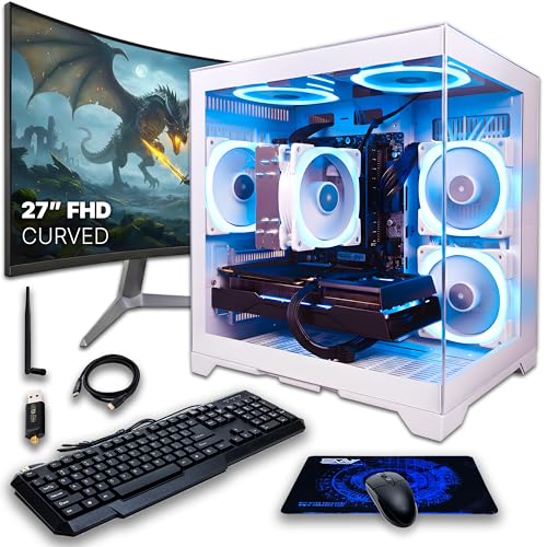 Image of SAAV Drex Prebuilt Gaming PC Bundle Desktop Tower Intel Core i7-12700KF Radeon RX 9060 XT 8GB GDDR6 Curved 27in Monitor 32GB DDR4 1TB NVMe SSD WiFi 6 Windows 11 White RGB Computer PC Gaming