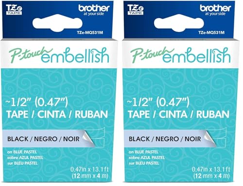 Image of Brother P-Touch Embellish Black Print on Pastel Blue Tape TZEMQ531M - ~ inch Wide x 13.1' Long for use with P-Touch Embellish Ribbon & Tape Printer (Pack of 2)