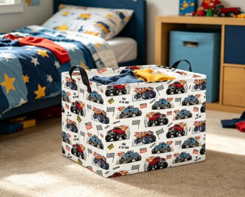 Image of Rectangular Baby Kids Storage Basket for Home Kitchen Girls Cute Toy Storage Bin Organizer Shelf Book Room Decor(Racing Truck)
