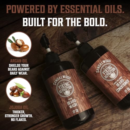 Viking Revolution Beard Wash & Beard Conditioner Set with Argan & Jojoba Oils - Softens and Strengthens - Natural Sandalwood Scent - Beard Shampoo with Beard Oil (17 oz)