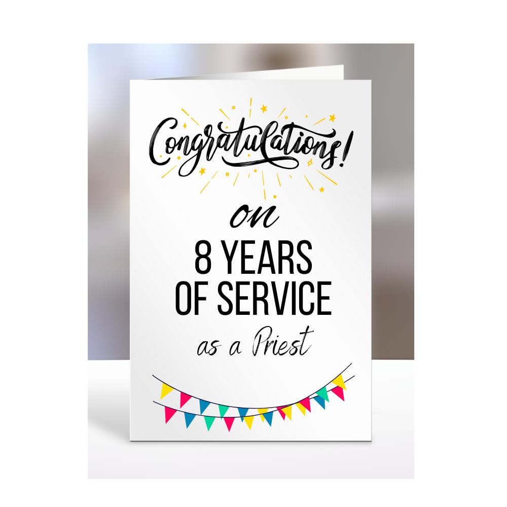8 years of service card for priest, work anniversary, employee, colleague, boss, retirement, leaving, present, gifts, men, women, congratulations on 8th, A5-311_8