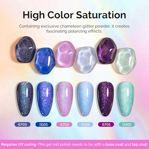 Image of MelodySusie 7.5ML Glitter Gel Nail Polish Set, 6 Colors Chameleon Sparkle Gel Polish Kit Aurora Blue Purple Green Shimmer Gel Polish Gifts for Women Nail Art Manicure Salon DIY Nail Design at Home