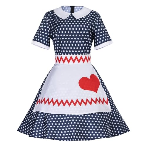 Gocos Adult Lucy Polka Dot Dress Women with Apron Halloween Cosplay Outfit (blue, M)