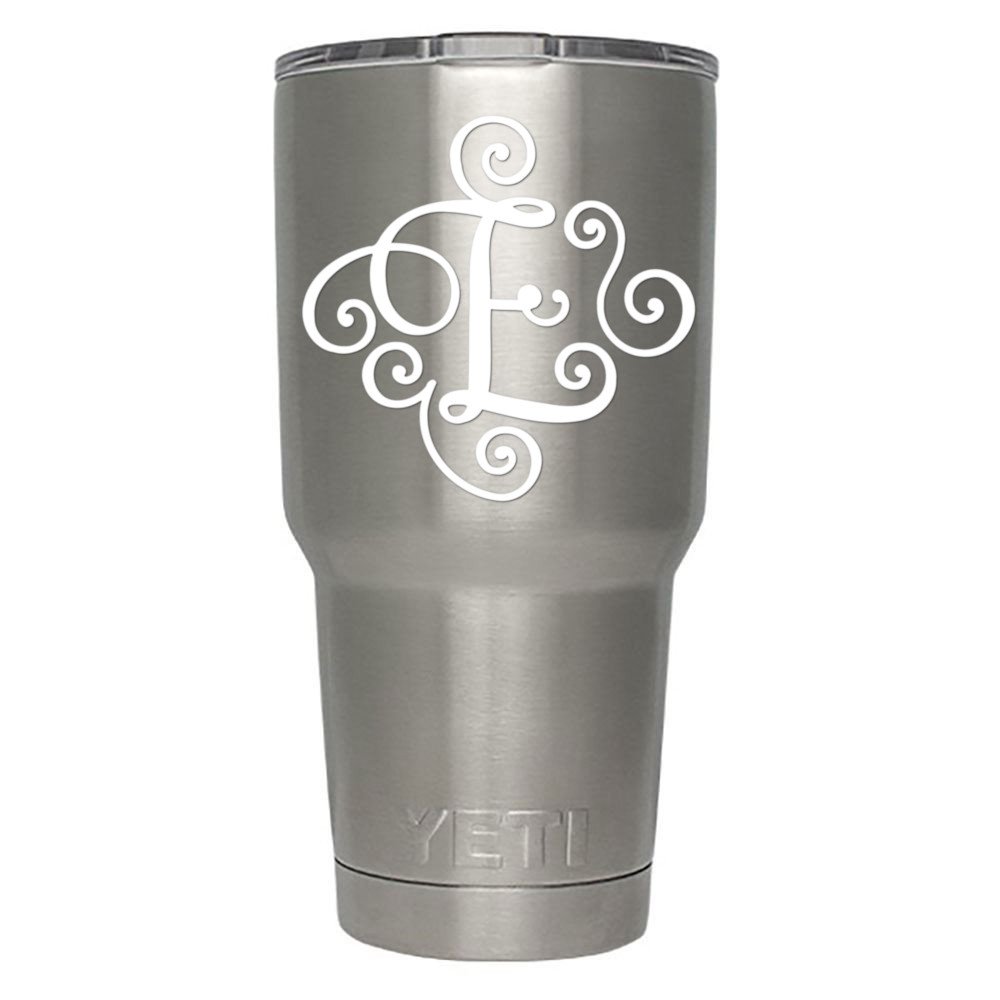 Monogram die cut decal/sticker. CLICK FOR COLOR/LETTER OPTIONS. AVAILABLE IN FOUR COLORS AND ALL LETTERS A-Z! Great for windows, Yeti and RTIC tumblers, Macbooks and more! (Letter "E", White)