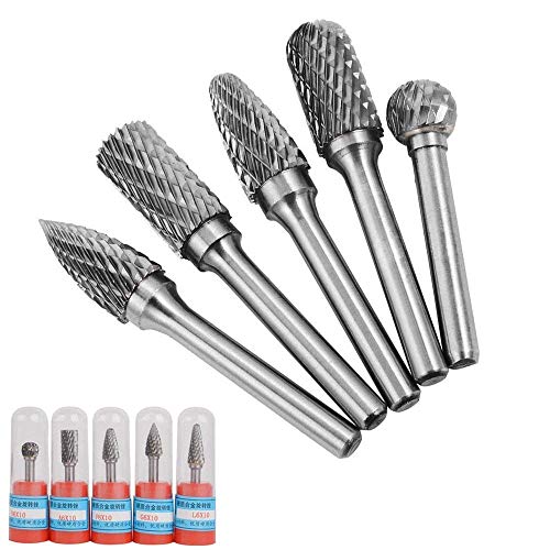 Bestgle Set of 5 6X10MM Cutting Head Tungsten Carbide Double Cut Rotary Carving Burr Set with 6mm Shank for DIY Woodworking Metal Polishing Engraving Drilling