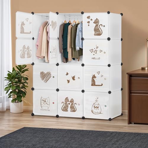 Image of ABOUT SPACE Professional Collapsible Wardrobe - DIY 12 Cube Plastic Almirah for Clothes with Side Hanger, Door Magnet & Hamer- Durable, Foldable Wardrobe for Storage |Non-slip Storage Organizer -White