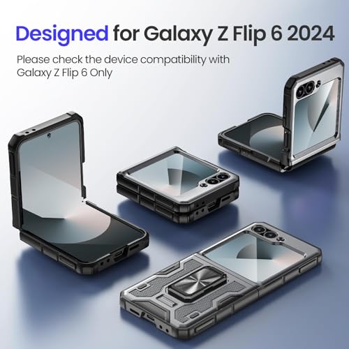 Image of VEGO Phone Case for Z Flip 6 Built-in Screen Protector & Hinge Cover | Aujustable Ring Kickstand Shockproof Case for Samsung Flip 6 2024 - Gray