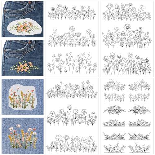 Water Soluble Stabilizer Embroidery Patterns - CRASHOT 4 Sheets Stick and Stitch Embroider Paper Wash Away, Flower Floral Daisy Butterfly Designs, Suprise for Hand Sewing Lover