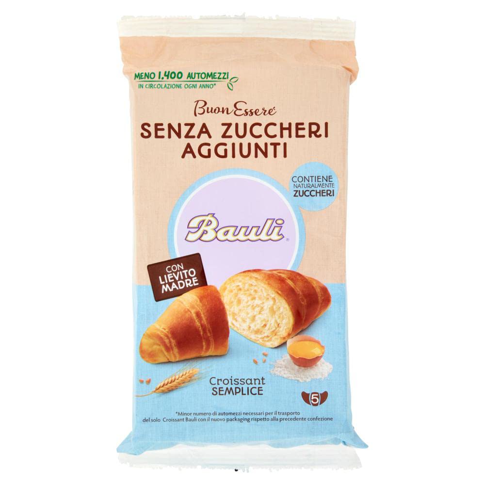 12x Bauli Cornetti Croissant Semplice Senza Zuccheri Aggiunti con Lievito Madre Croissant Ohne Zuckerzusatz mit Sauerteig Packung à 185g, Jede Packung enthält 5 Croissants à 37g