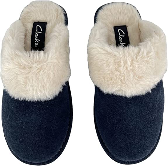 Image of Clarks Womens Open Back Suede Leather Comfort Clog Slipper JMS0583C - Plush Faux Fur Trim - Indoor Outdoor House Slippers for Women (Navy Premium Suede, 9)