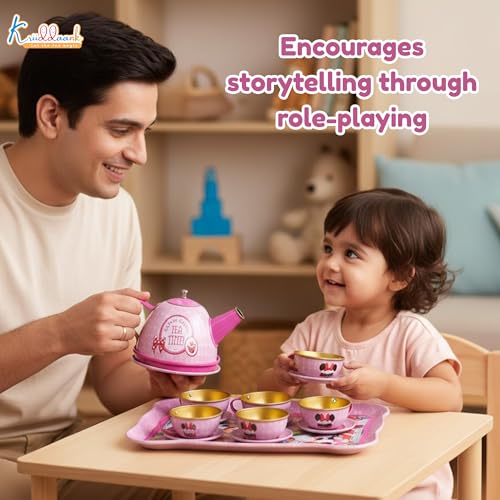 Image of Minnie Mouse 14-Piece Metal Tea Set for Girls - Pink Kids Pretend Play Tea Party Set with Teapot, Cups & Saucers - Durable & Lightweight Tin Toy|Birthday Gift for Toddlers and Children 3+