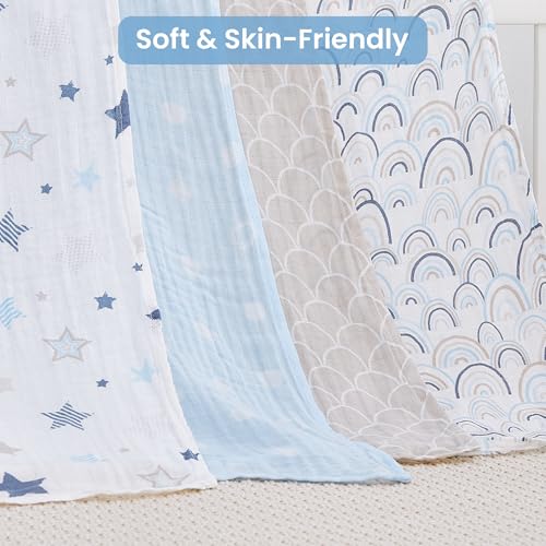 Image of Softan Muslin Swaddle Blankets for Baby Girl & Boy, 47X47In Receiving Blankets for Newborn, Swaddle Blanket Set Soft Silky & Breathable,Blue Rainbow and Five-Pointed Star, 4 Pack