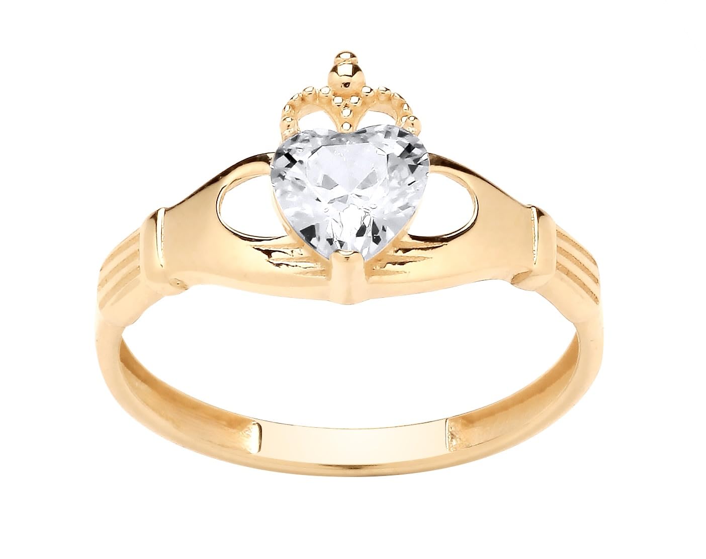 Old English Jewellers9ct Yellow Gold Cubic Zirconia Irish Claddagh Ring size J K L M N O P Q R S