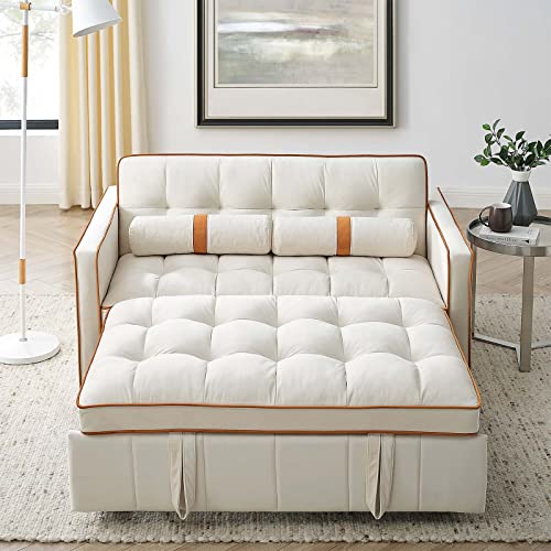 Jeeohey Sleeper Sofa Couch W/Pull Out Bed, 55.5" New Upgraded Tufted Velvet Convertible Sleeper Sofa Bed, Small Love Seat Sofa Bed W/ 2 Pillows For Small Space, Living Room, Apartment, Beige #TOP7