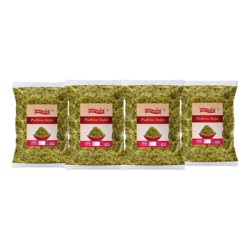 Image of OKHLI MUSAL BRAND Putiha Bhujia Bhujiya Namkeen Snack | Marwar Rajapuri Aloo Poodina Mint Bhujiya Bhujia | Festive Season Crunchy Munchy Snack Alu BHUJIYA BHUJIA Namkeen Savoury Snack-900g*4Pack