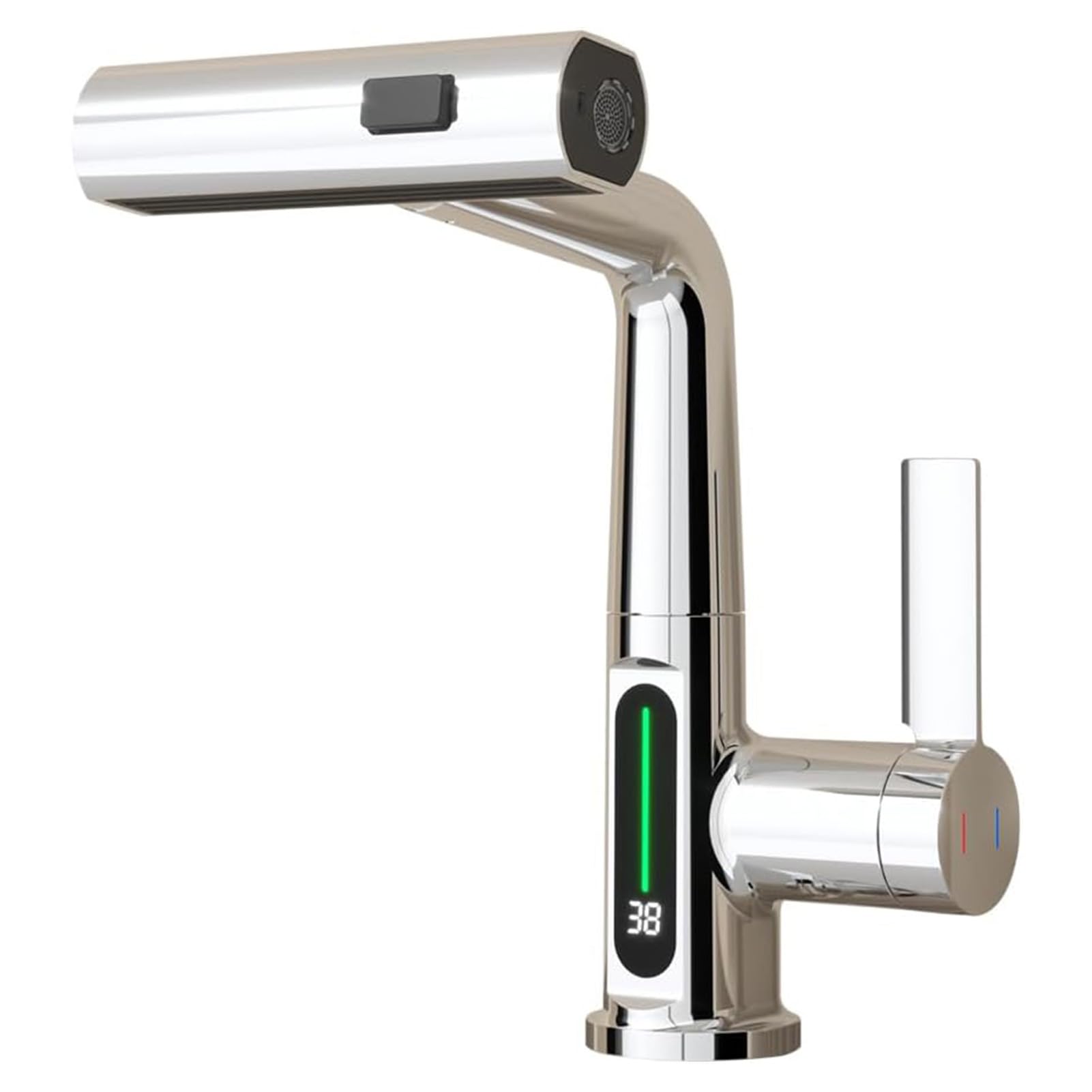 Grifo Cocina Extraible, Grifos de Cocina Fregadero con 3 Modos de Flujo de Agua, Giratorio a 360° Grifo Monomando Flexible Baño con Pantalla Digital de Temperatura LED (Cromo)