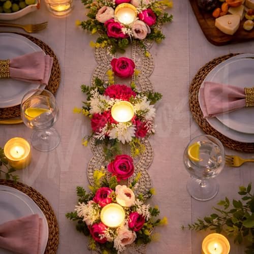 Image of Divyakosh Flower Table Runner Decoration for Dining Table with LED | Artificial Floral Centerpiece with Diya Lights | Festive Table Decor for Diwali, Wedding, Pooja & Home Decoration, 22 Inch