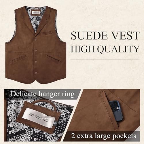 Men's Faux Suede Leather Suit Vest,Vintage Western Cowboy Casual Slim Dress Vest,Waistcoat for Wedding3