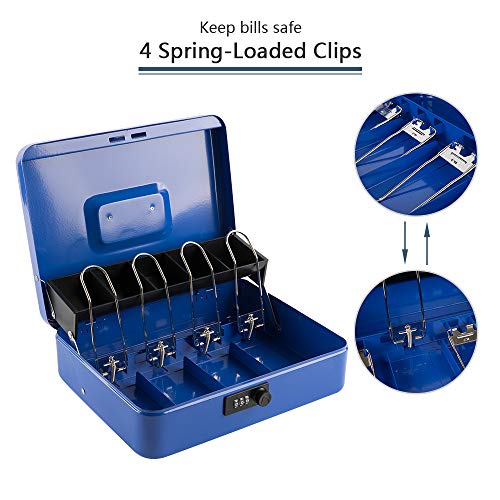Image of KYODOLED Metal Cash Box with Combination Lock & Spring-Loaded Bill Clips, 5-Compartment Cantilever Coin Tray, Portable Safe for Yard Sales /Craft Fairs /Small Businesses, 11.81 inchx9.45 inchx3.54 inch, Blue