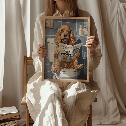 Image of Cocker Spaniel on Toilet Wood Framed Wall Art Print Poster, Dog Bathroom Humor Decor Posters Prints for Restroom Home Picture Painting Artwork Gallery 7 (Cocker Spaniel, 11 inchW x 14 inchL, Wood Frame)