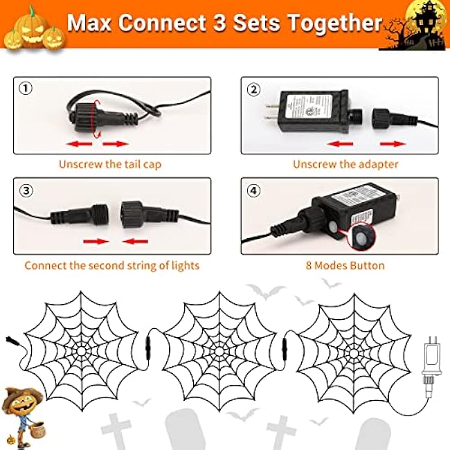 Lomotech Spider Web Lights with Black Spider, 4.26FT Diameter 84 LED Orange Purple Web Lights with 8 Modes, Waterproof with Timer Plugin for Halloween Decorations