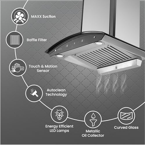 Image of Hindware Smart Appliances | Nevio Plus 60 cm Chimney | 1400 CMH | Curved Glass | Baffle Filter | Auto Clean | Touch Control, Motion Sensors | 10 Yrs Warranty on Motor & 2 Yrs on Product (Inox)